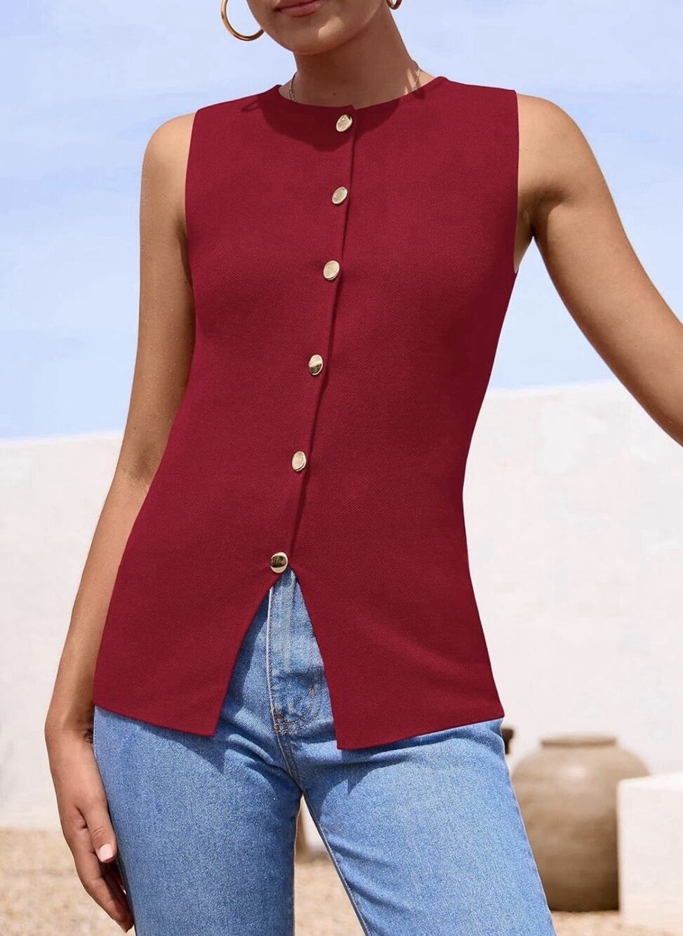 PRETTYGARDEN Women's Sweater Vest Button Down Red Women’s L Nwt
